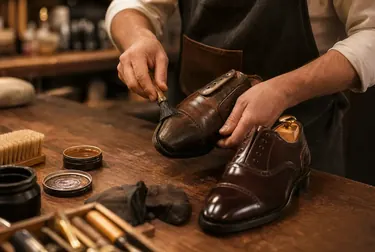 Sapateiro reformando sapatos sociais em oficina.
