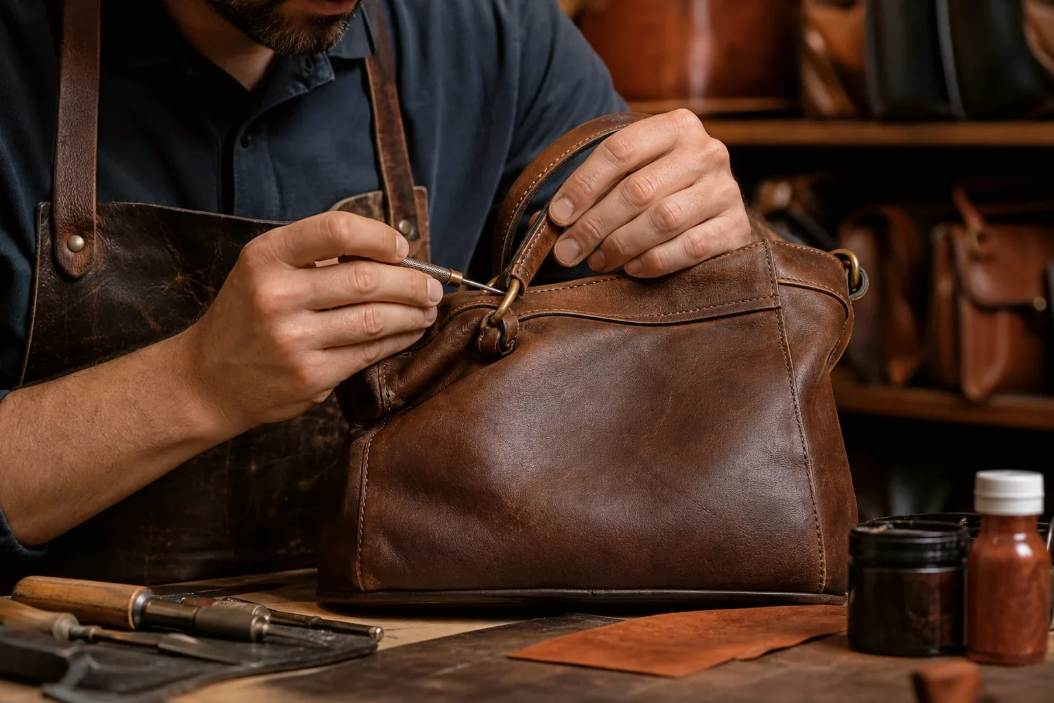 Sapateiro reformando uma bolsa de couro em sua oficina.